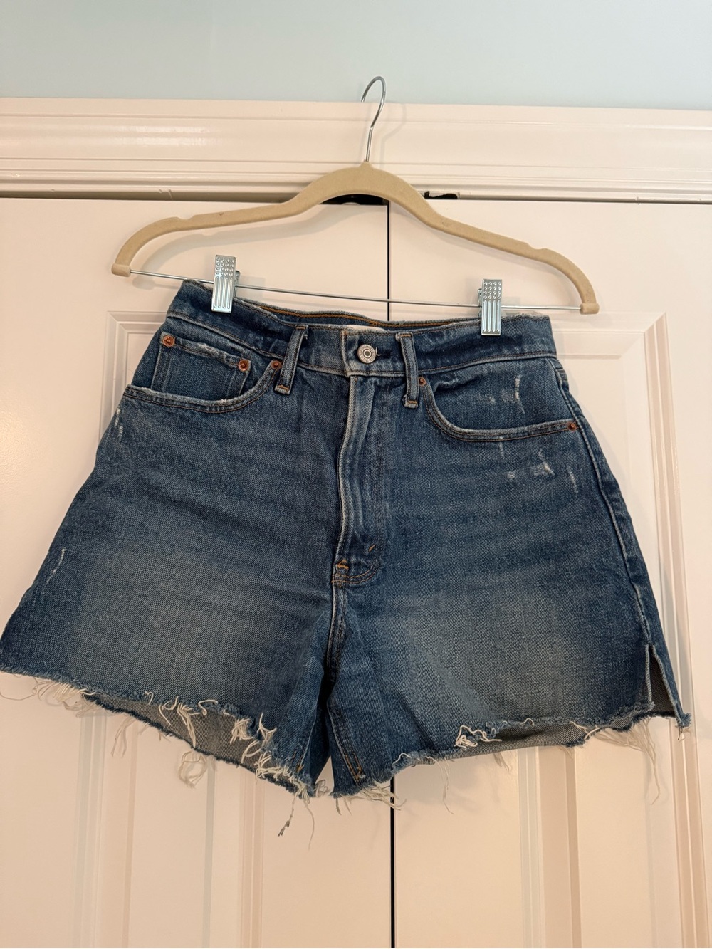 Abercrombie & Fitch Distressed Dark Blue High-Rise Denim Shorts
